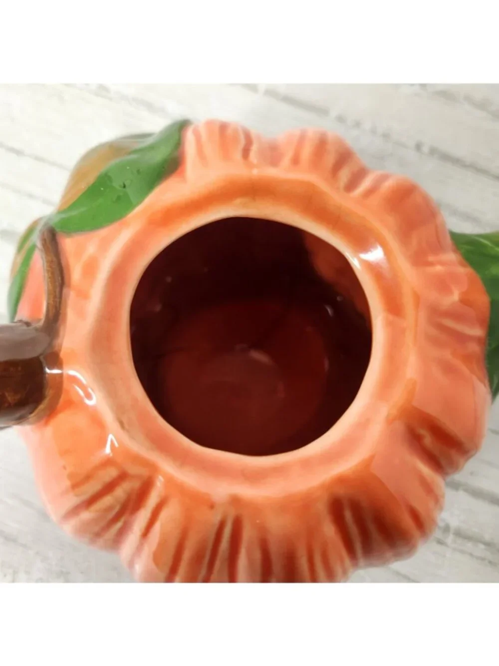 Vintage Autumn Orange Pumpkin Ceramic Teapot Lid Green Spout Brown Handle 5
